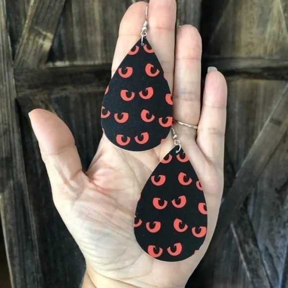 3 for $25/ Halloween Eyes Black Orange Teardrop Faux Leather Die-Cut Earrings - Picture 2 of 3